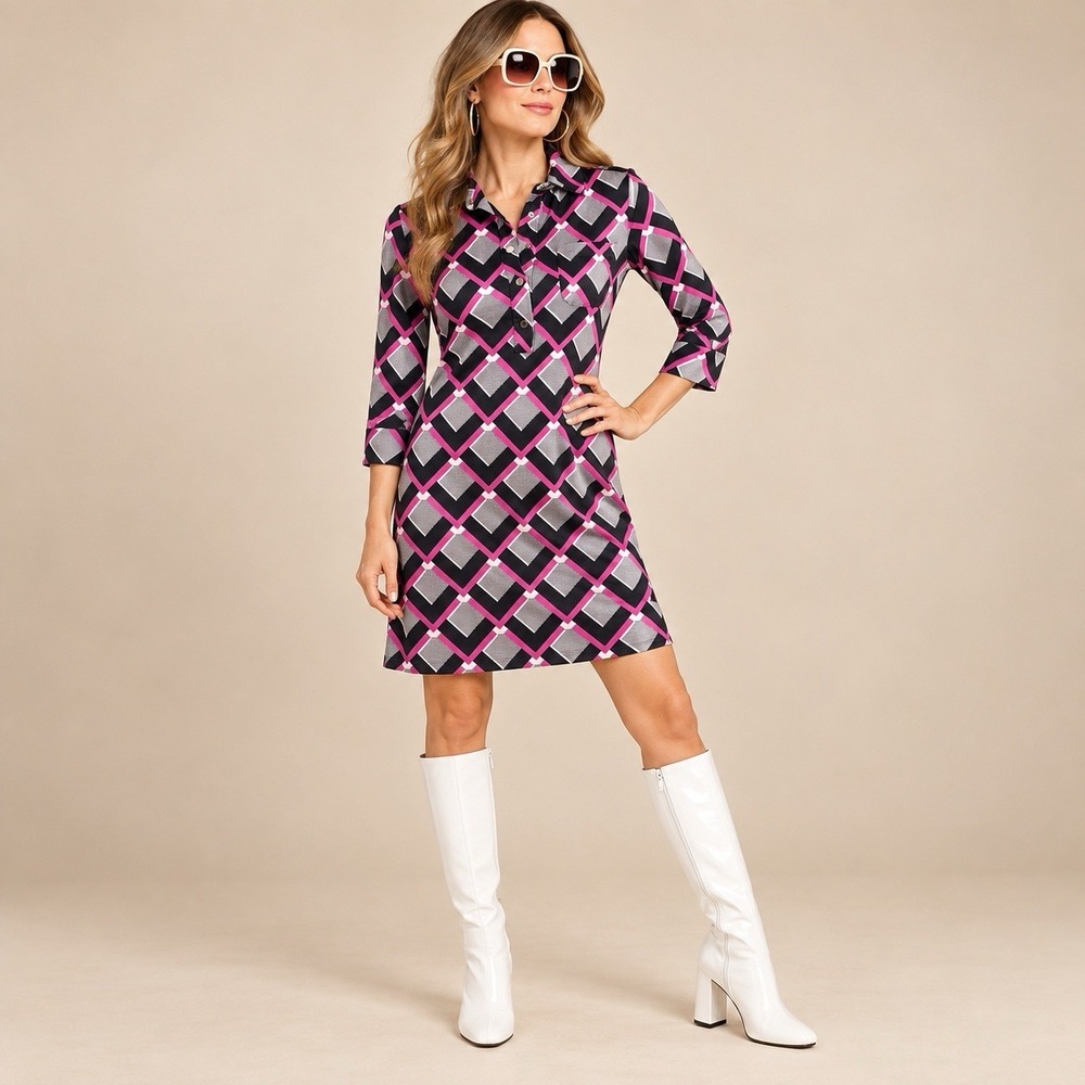 Diane Von Furstenberg Silk Jersey Ollie Geometric Dress 8 Pink Black Check Retro